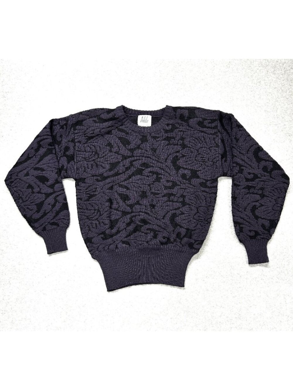Vintage Nils Pullover Sweater Purple Black Size L Wool Blend Abstract Knit 90s